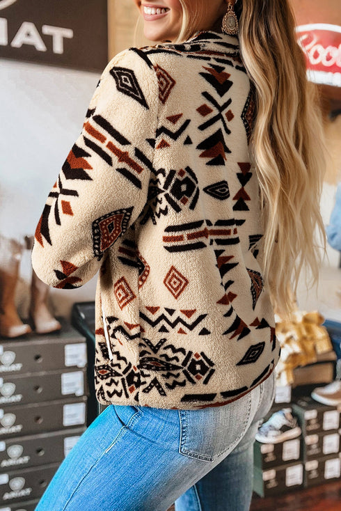 Aztec Yoke Sherpa Half Zip Stand Collar Kangaroo Pocket Sweatshirt